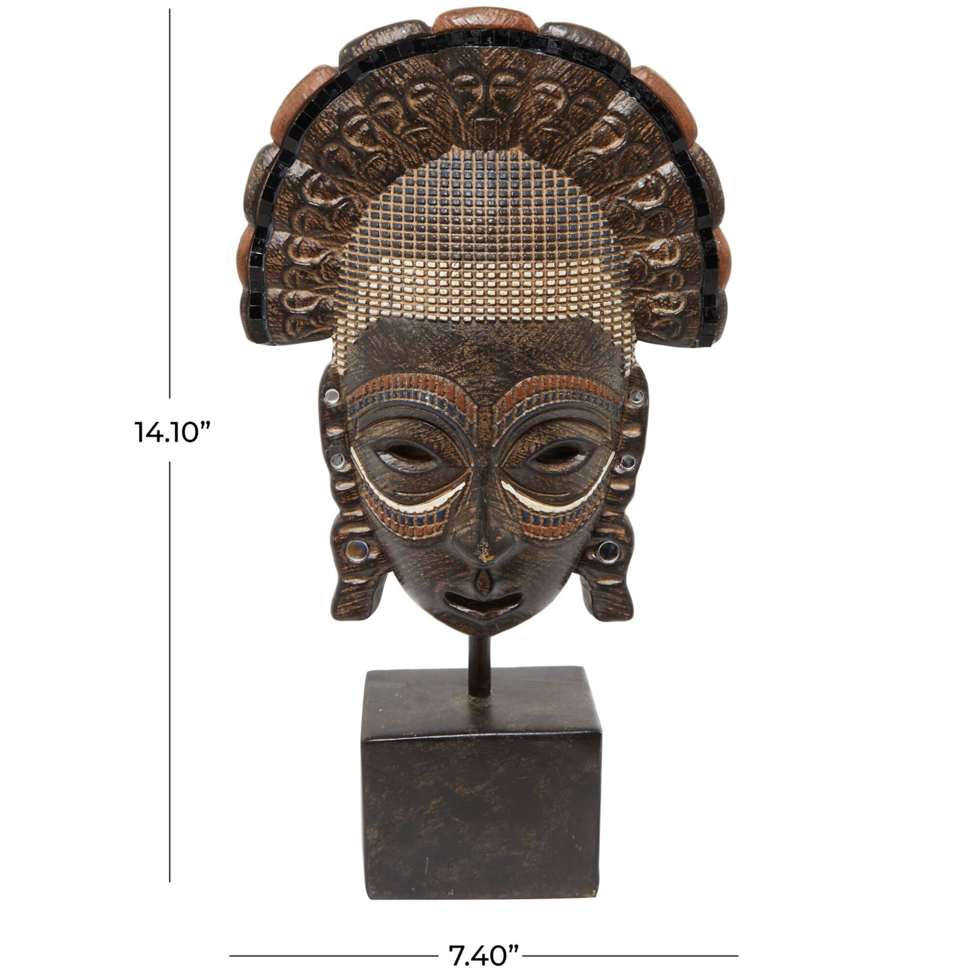 14" Brown Primitive African Mask Sculpture